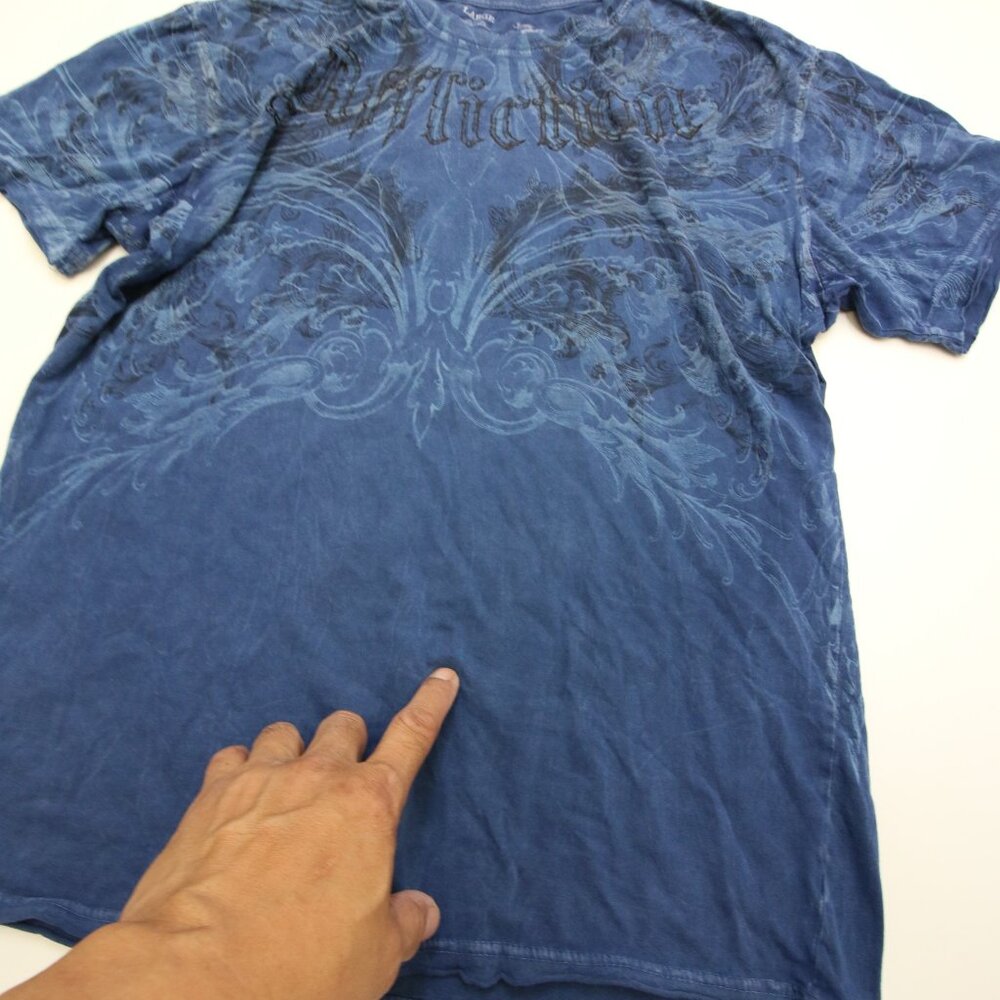 Affliction T-Shirt Large Blue Fleur De Lis READ Distressed Tiny Holes Y2K - Picture 7 of 15